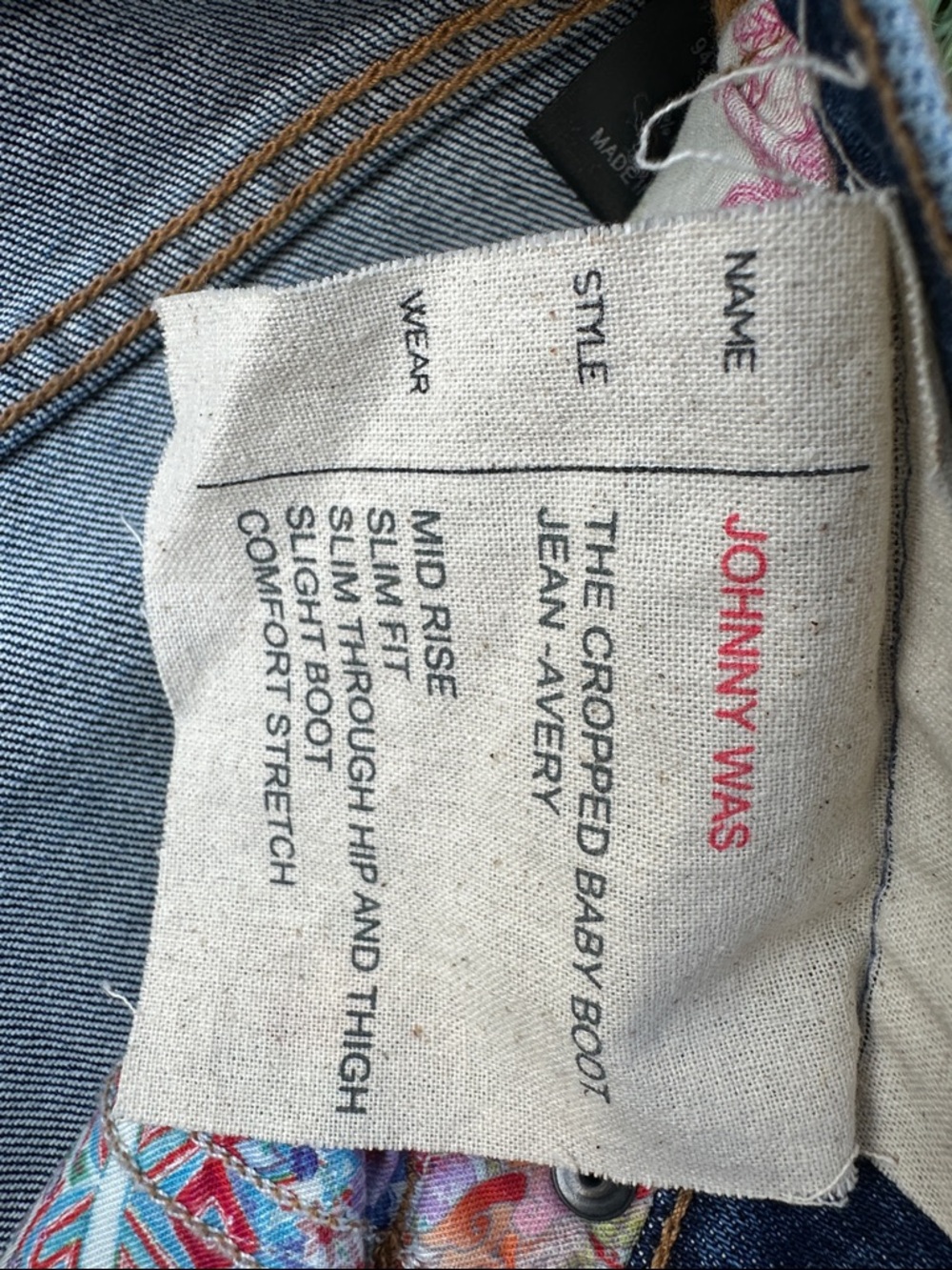 Johnny Was Blue Embroidered Flare Jeans with Pink & Multicolor Trim - Picture 3 of 3